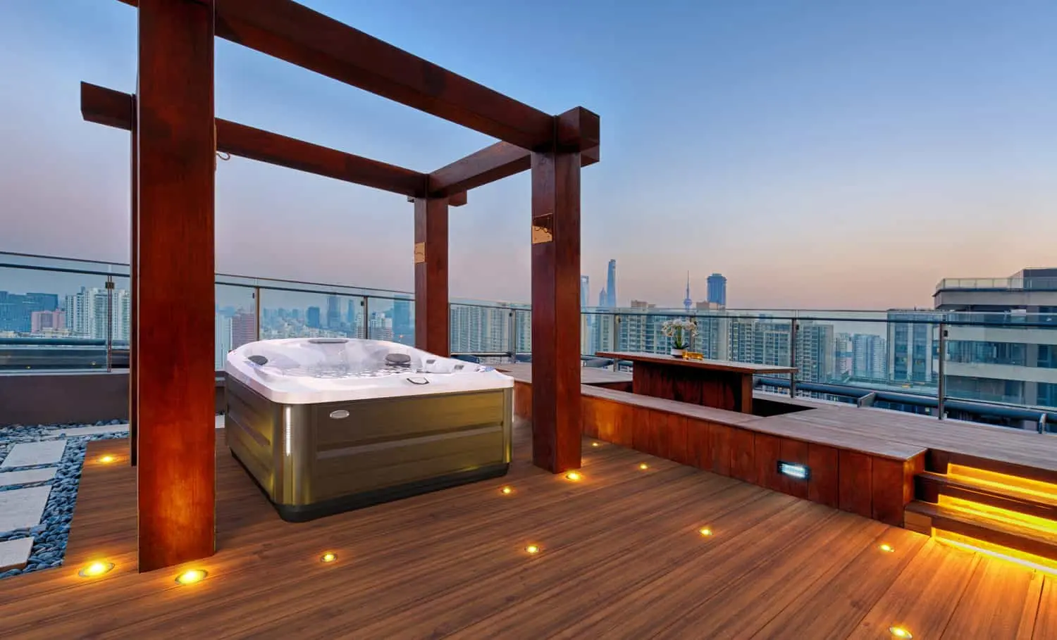 hot tub installation - jacuzzi j-445 overlooking the city skyline hot tub videos